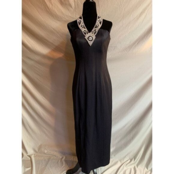 Navy Blue Beaded Halter Evening Dress - Picture 7 of 12